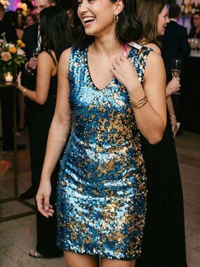 VAKKO Luxury Sequin Party Dress - Blue & Gold - NWT - Sleeveless Cocktail Dress